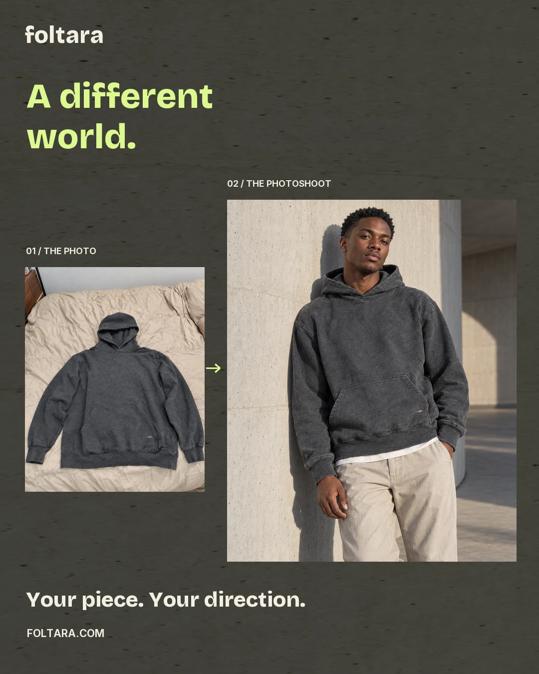 Owned hoodie photo alongside its Foltara model photoshoot