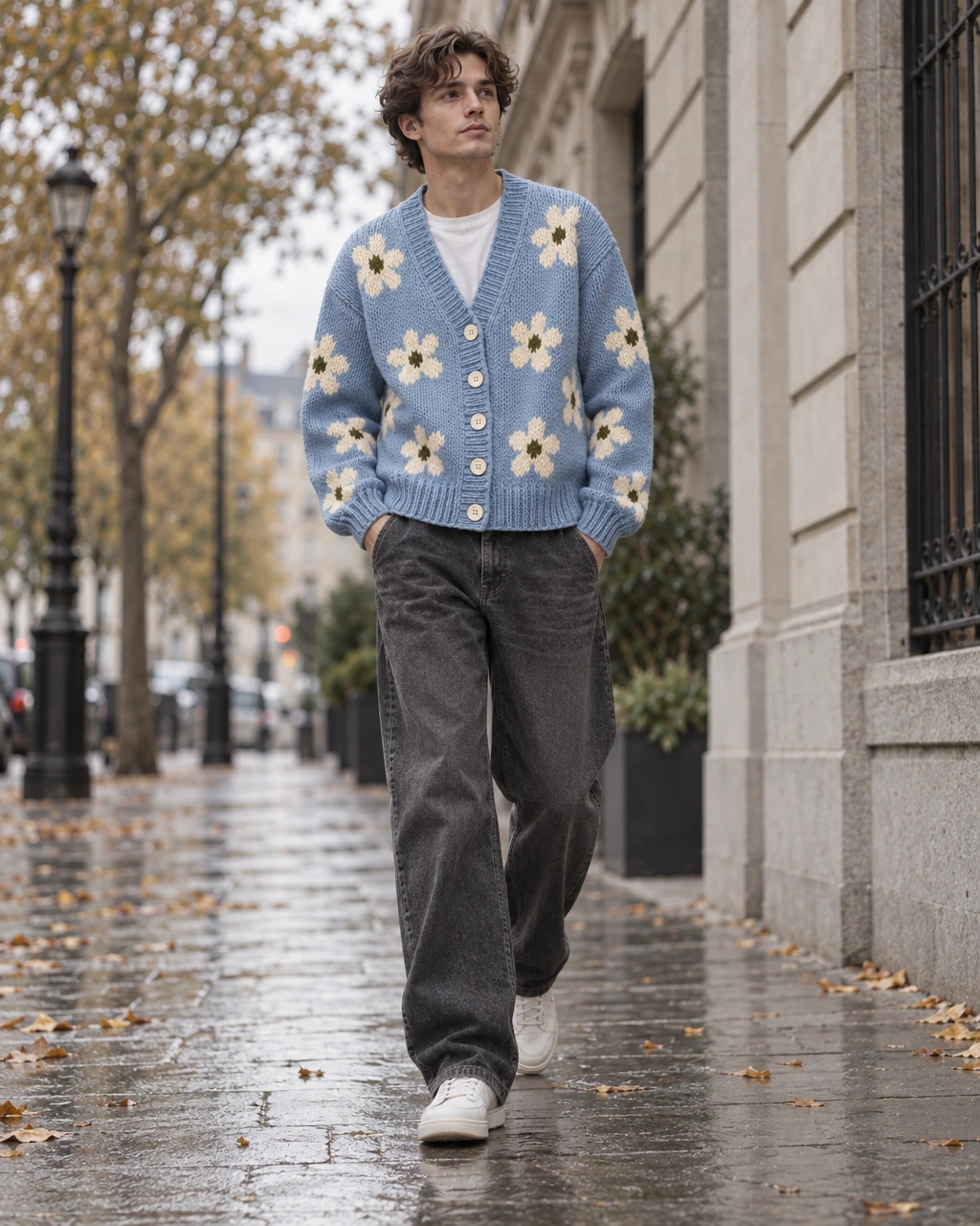 Actual Foltara output of an adult wearing a blue floral cardigan outdoors
